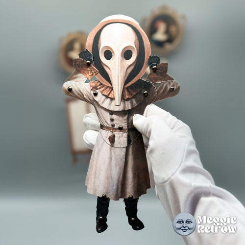 Beak Healer, a printable articulated paper doll. A long beak mask under a dark hood.