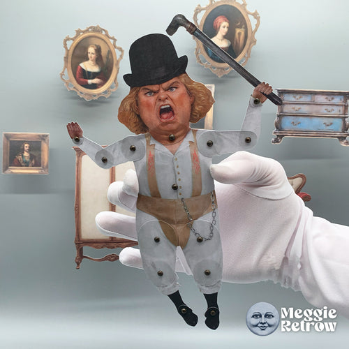 Dom, a printable articulated paper doll. A bowler hat, a raised cane, and a silver chain.
