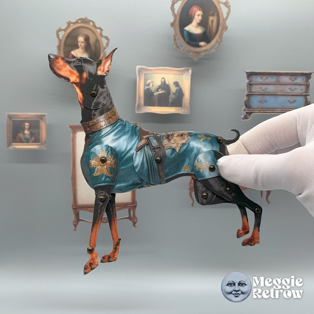 Great Tail, a printable articulated paper doll. A Doberman in a teal satin coat and leather collar.