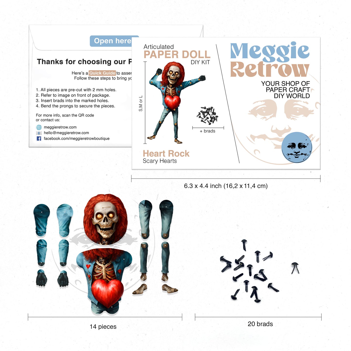 Bewegliche Papierpuppe mit Herz-Stein-Skelett