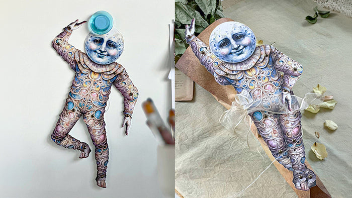 The finished doll standing on a shelf