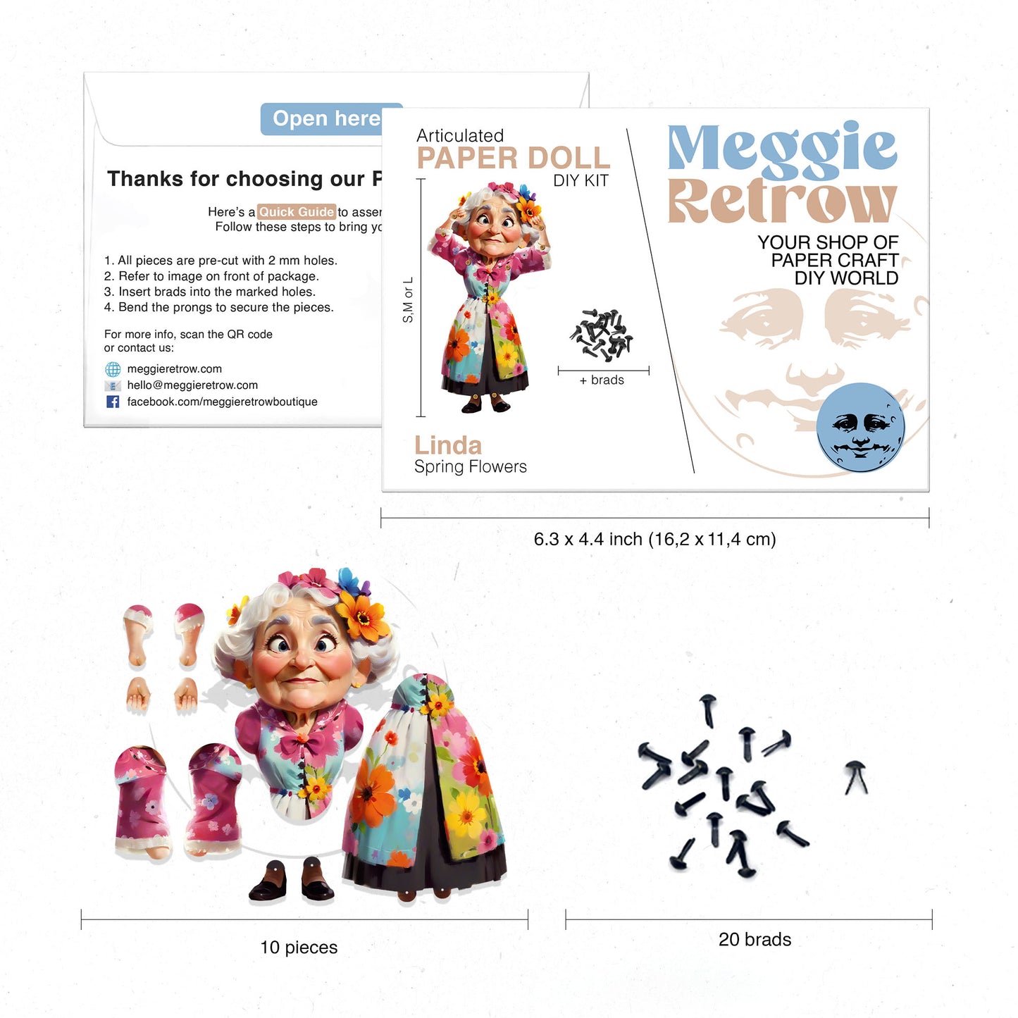 Bewegliche Papierpuppe Linda, die Blumenoma