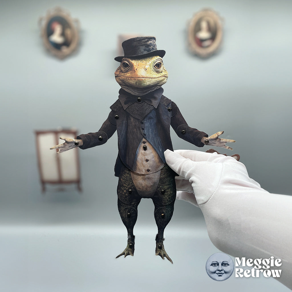 Lizard, a printable articulated paper doll. Top hat, tailcoat, and scaly legs.