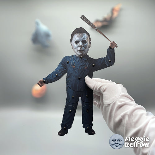 Pale Prowler, a printable articulated paper doll. A white mask, blue coveralls, and a wire-wrapped bat.