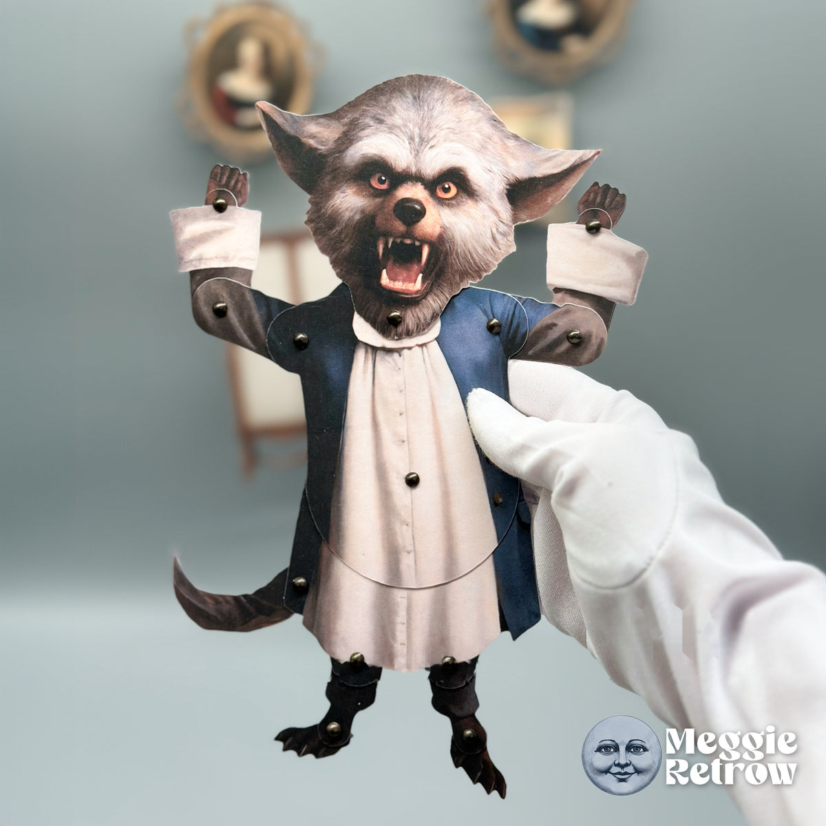 Moonhowler, a printable articulated paper doll. A wolf with a tail, in a blue coat over a white shirt.