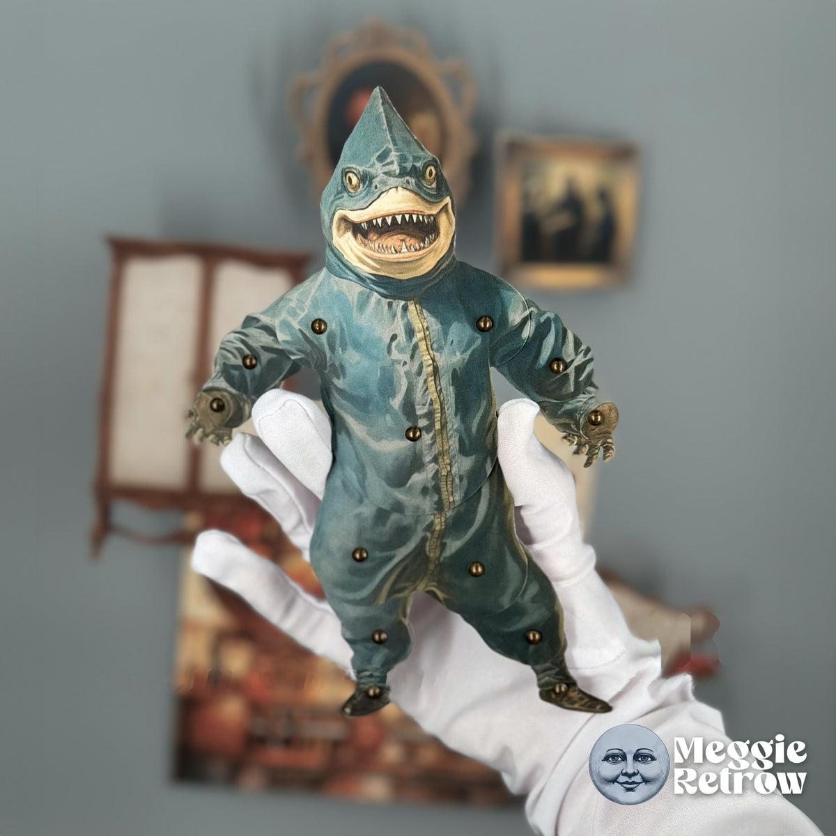 Mr. Sharky, a printable articulated paper doll. A toothy shark in a teal one-piece suit.