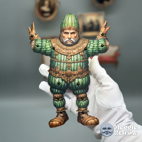 Papa Cuke, a printable articulated paper doll. A mustached old man in ribbed green cucumber armor.