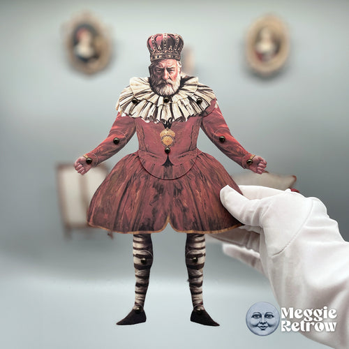 Red King, a printable articulated paper doll. A white ruff and striped stockings.