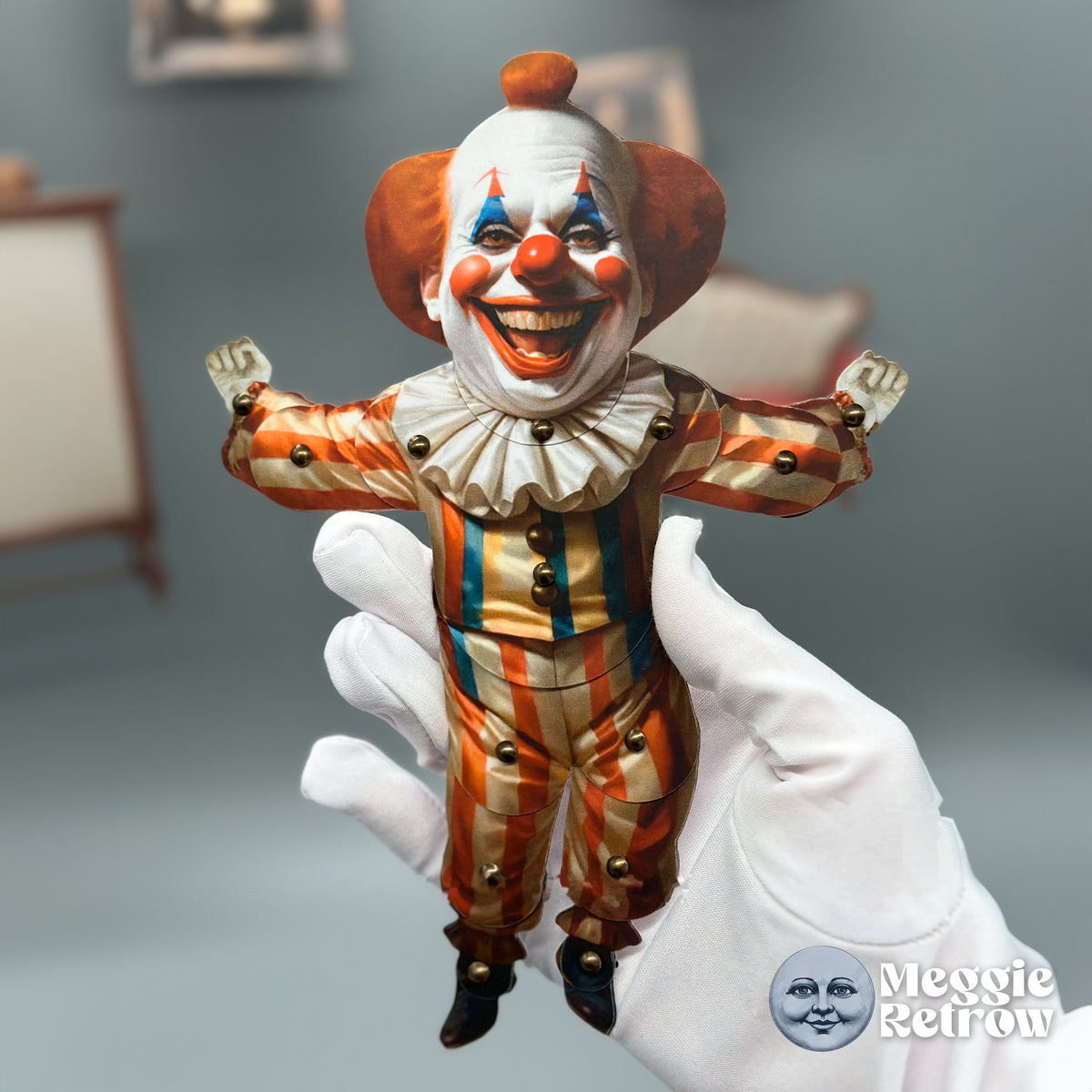 Sinister Creepy Clown, a printable articulated paper doll. A wide grin, a white ruff, and a striped suit.