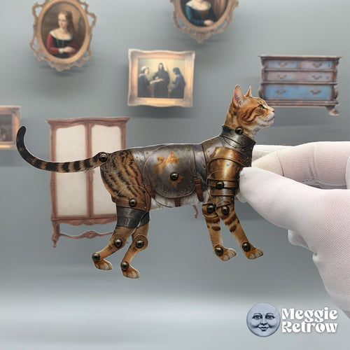 Sir Meow, a printable articulated paper doll. A tabby cat in steel armor with a small gold crest.