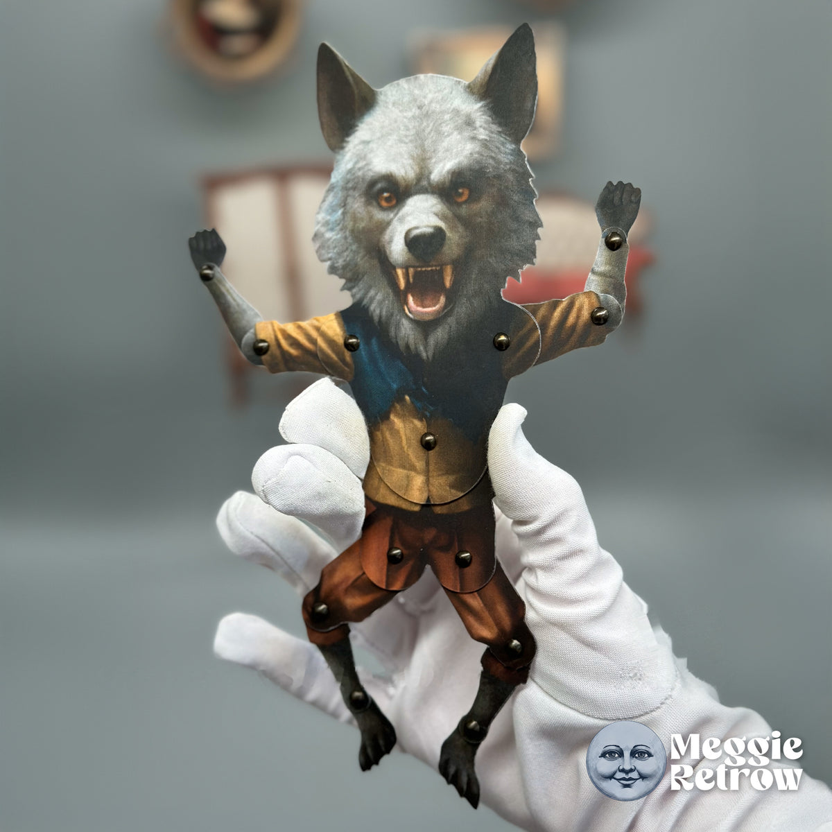 Valiant Varg, a printable articulated paper doll. A snarling gray wolf with fists raised high.