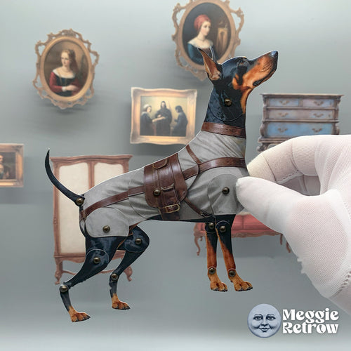 Valor Canine, a printable articulated paper doll. A black-and-tan dog in a gray coat with a leather pouch.