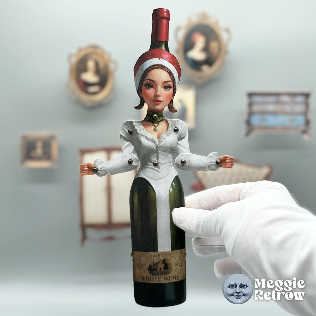 Viognier, a printable articulated paper doll. A green wine bottle in a white lace blouse.