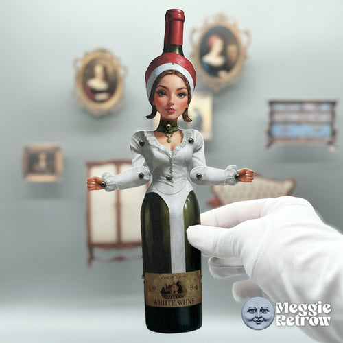 Viognier, a printable articulated paper doll. A green wine bottle in a white lace blouse.