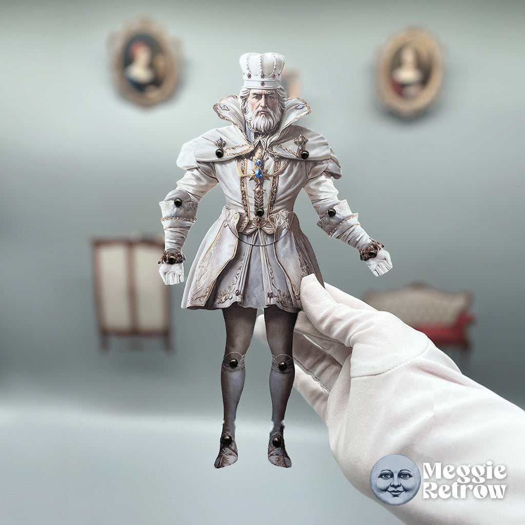 White King, a printable articulated paper doll. Cream coat with gold trim and a high collar.