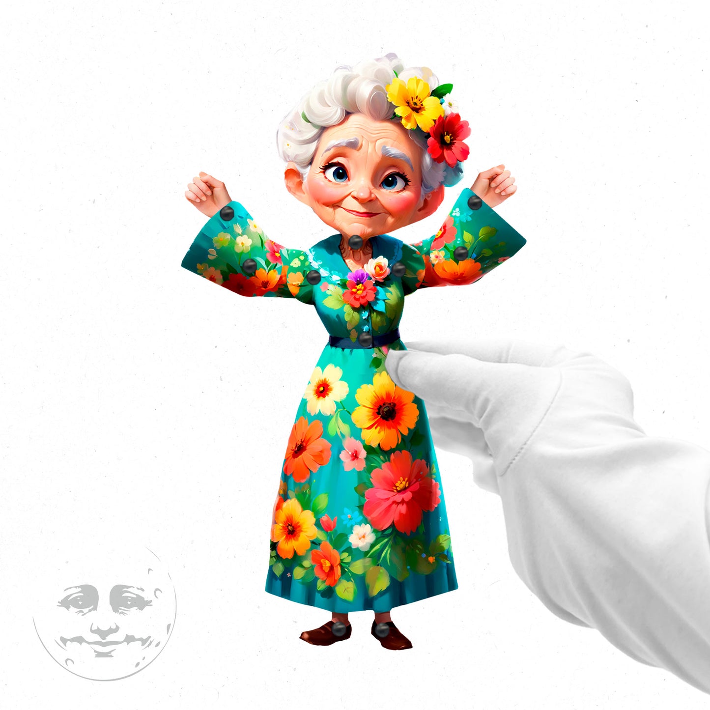 Bewegliche Papierpuppe mit Blumenmotiv „Oma Mary“