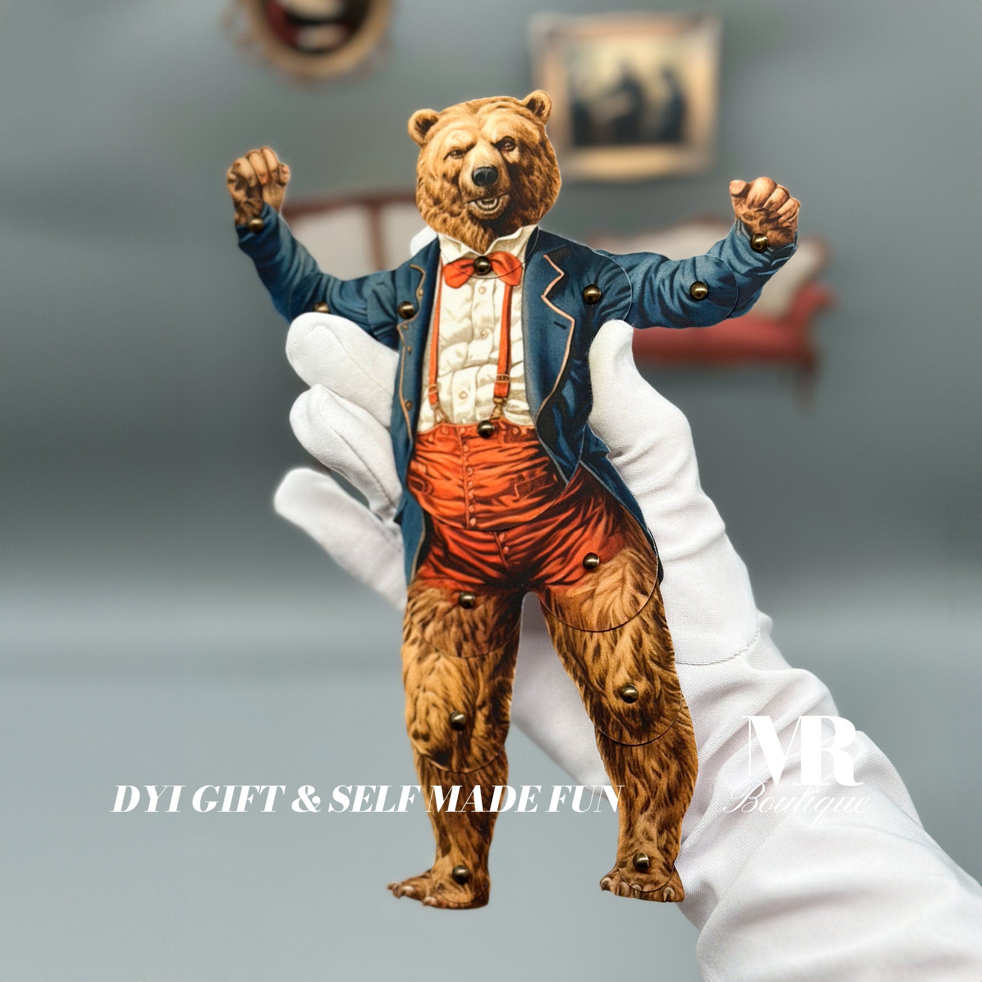 Bearocracy - Patriotic Bear Paper Doll, Movable Artisanal Kit, Poseable Articulated Paper Toy, Whimsical Festive Figure, Action DIY Craft