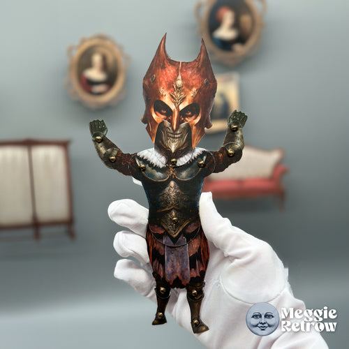 Blood Knight, a printable articulated paper doll. A copper helmet, dark armor, and a white fur collar.
