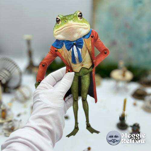 Frog Servant, a printable articulated paper doll. Red tailcoat and webbed feet.