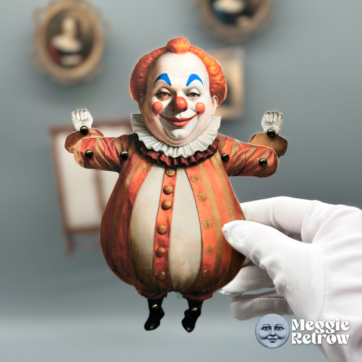 Jester Jack, a printable articulated paper doll. A round clown in red and cream stripes.