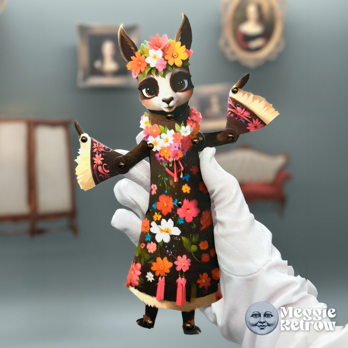 Lovable Lama, a printable articulated paper doll. A llama with a flower crown and pink tassels.