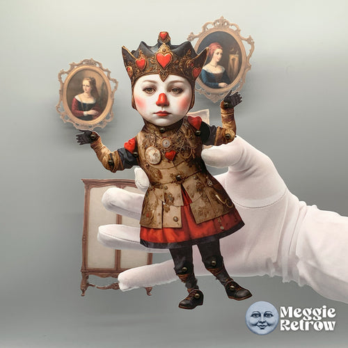 Mr. Heartbound, a printable articulated paper doll. A red nose, a crown of hearts, and a gold coat.