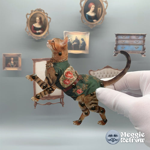 Noble Whiskers, a printable articulated paper doll. A tabby cat in a dark green jacket with pink roses.