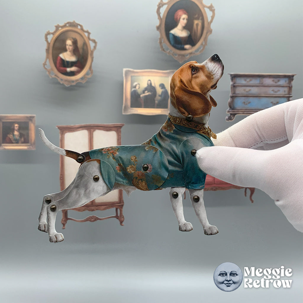 Royal Beagle, a printable articulated paper doll. A beagle in a blue-green coat with a gold collar.