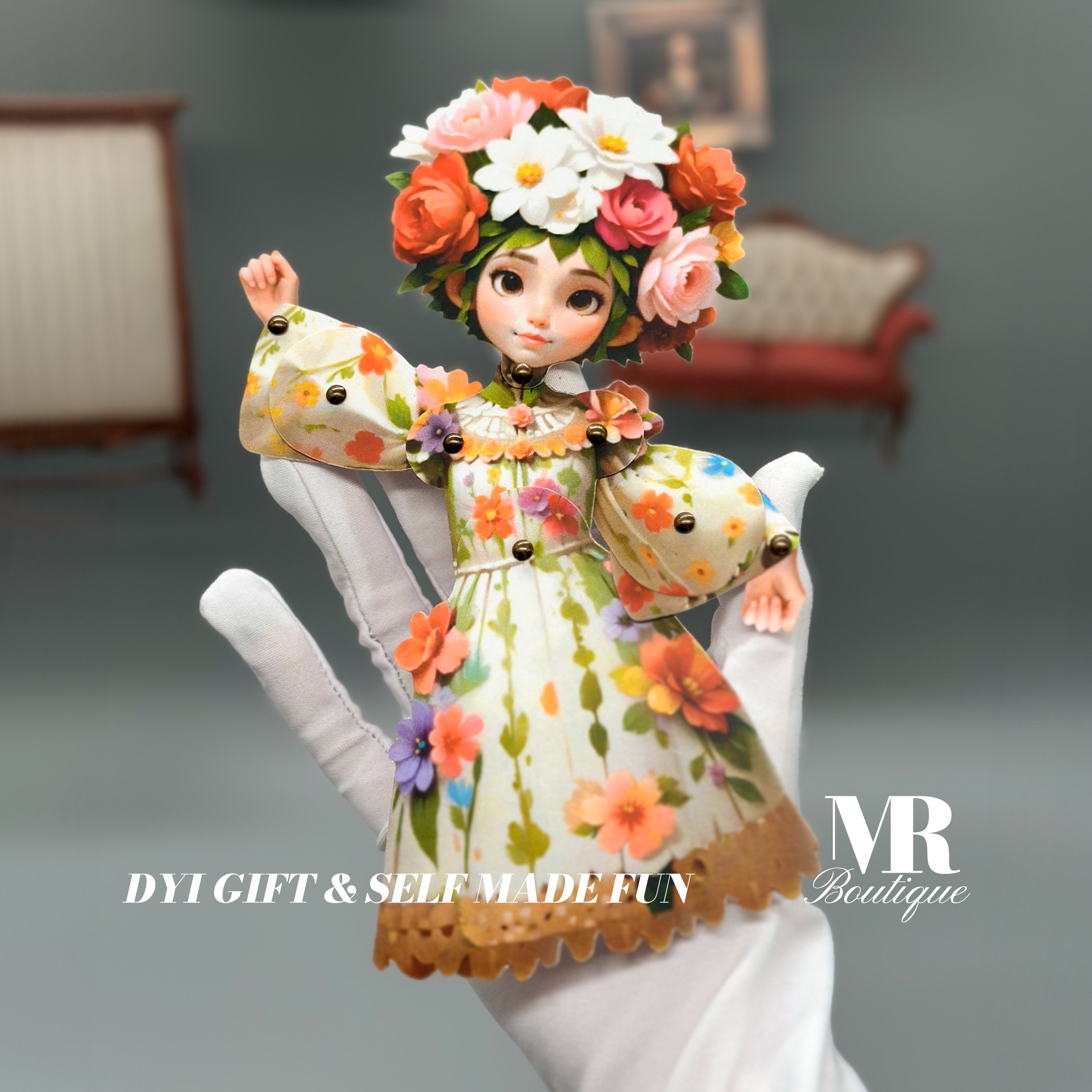 Bewegliche Papierpuppe „Sophia“ mit Blumenkrone