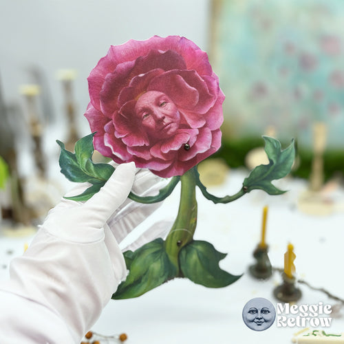 Talking Flower, a printable articulated paper doll. A pink rose with a face and leafy arms.