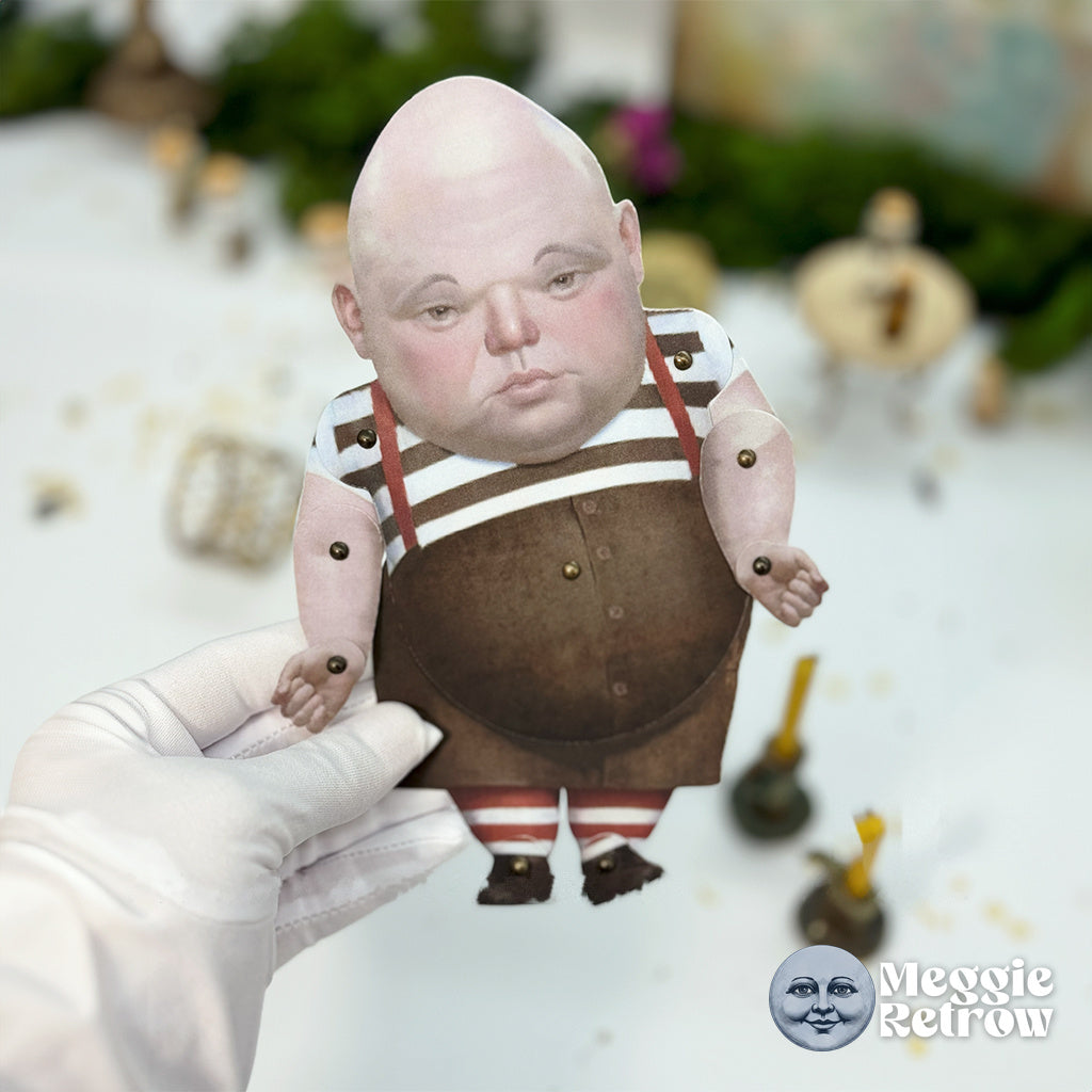 Tweedledum, a printable articulated paper doll. Heavy eyelids and red suspenders.