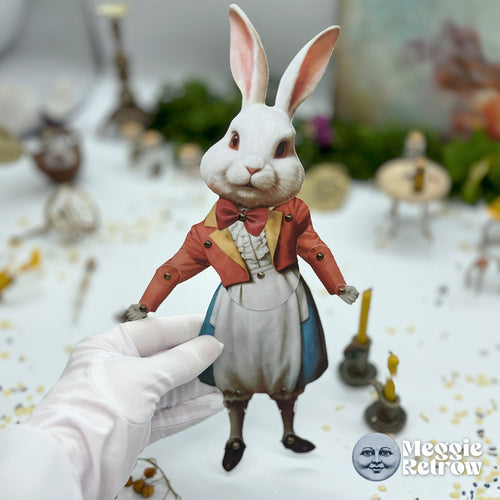 White Rabbin, a printable articulated paper doll. Coral jacket with yellow lapels.