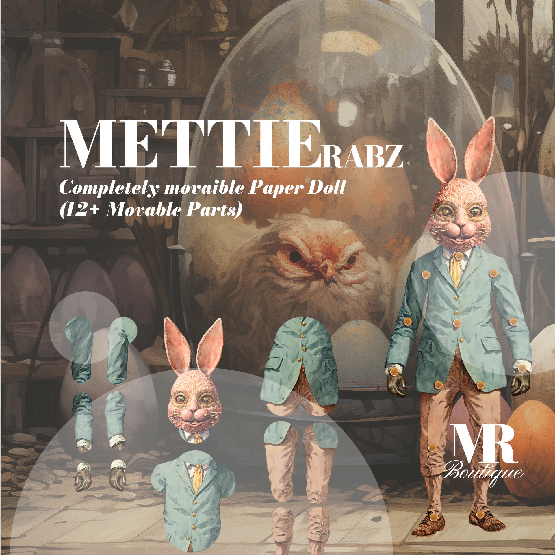 Mettie the Rabbit Paper Doll Kit, Movable Parts Toy, Action DIY Craft, Easter Decor, Whimsical Toy, DIY Festive Figure, Articulated Figure