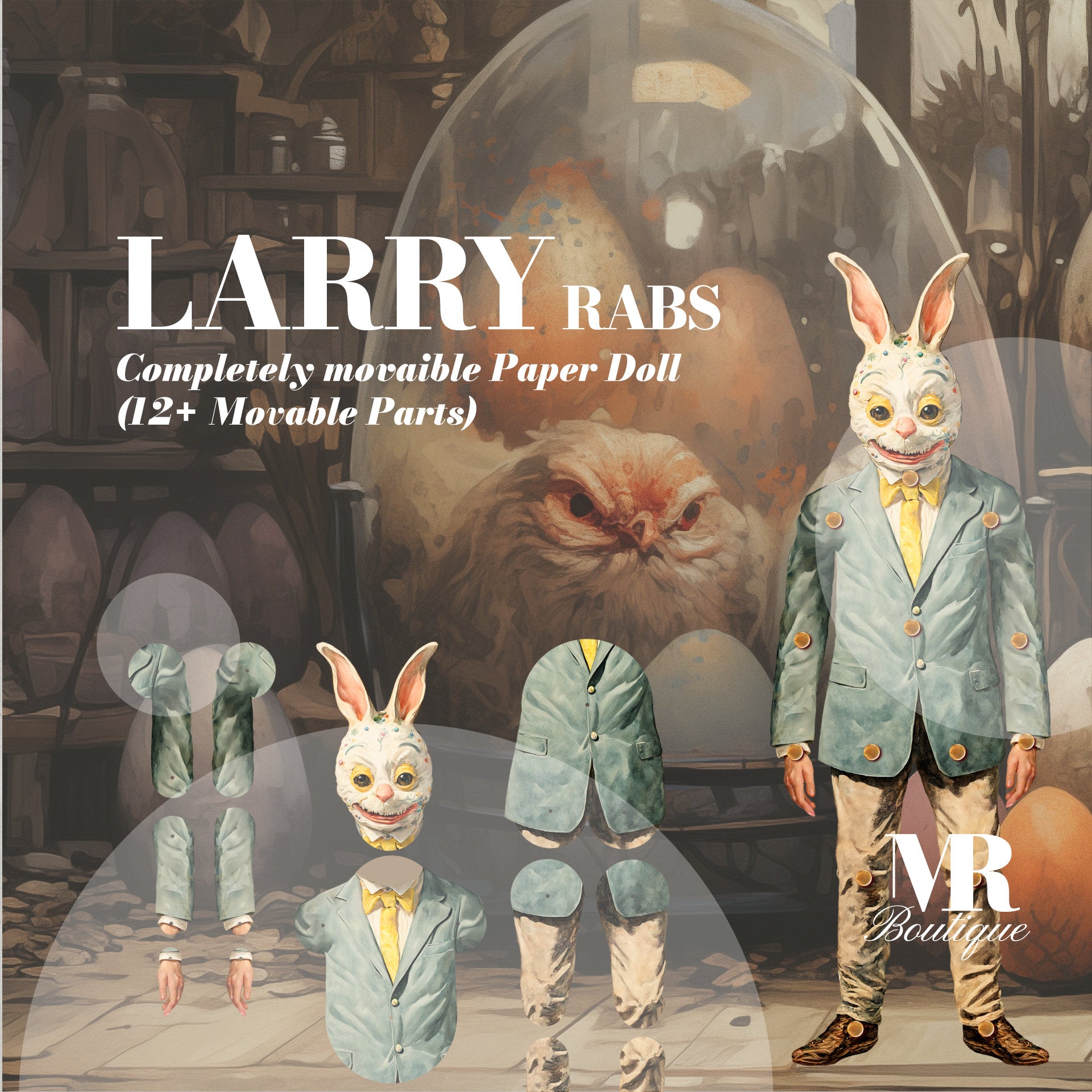 Easter Buddies: Larry Rabs Movable Paper Doll, Rabbit Gentleman Whimsical Rabbit Figure, Articulated Figure, Action Figure, Articulated Toy