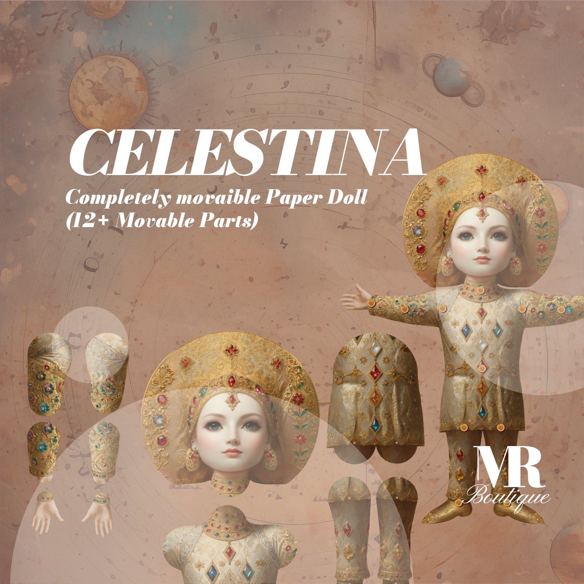 Ornate CELESTINA Movable Paper Doll Kit, DIY Articulated Vintage-style Doll, MR Boutique Craft, Fun Creative Project, Festive Figure