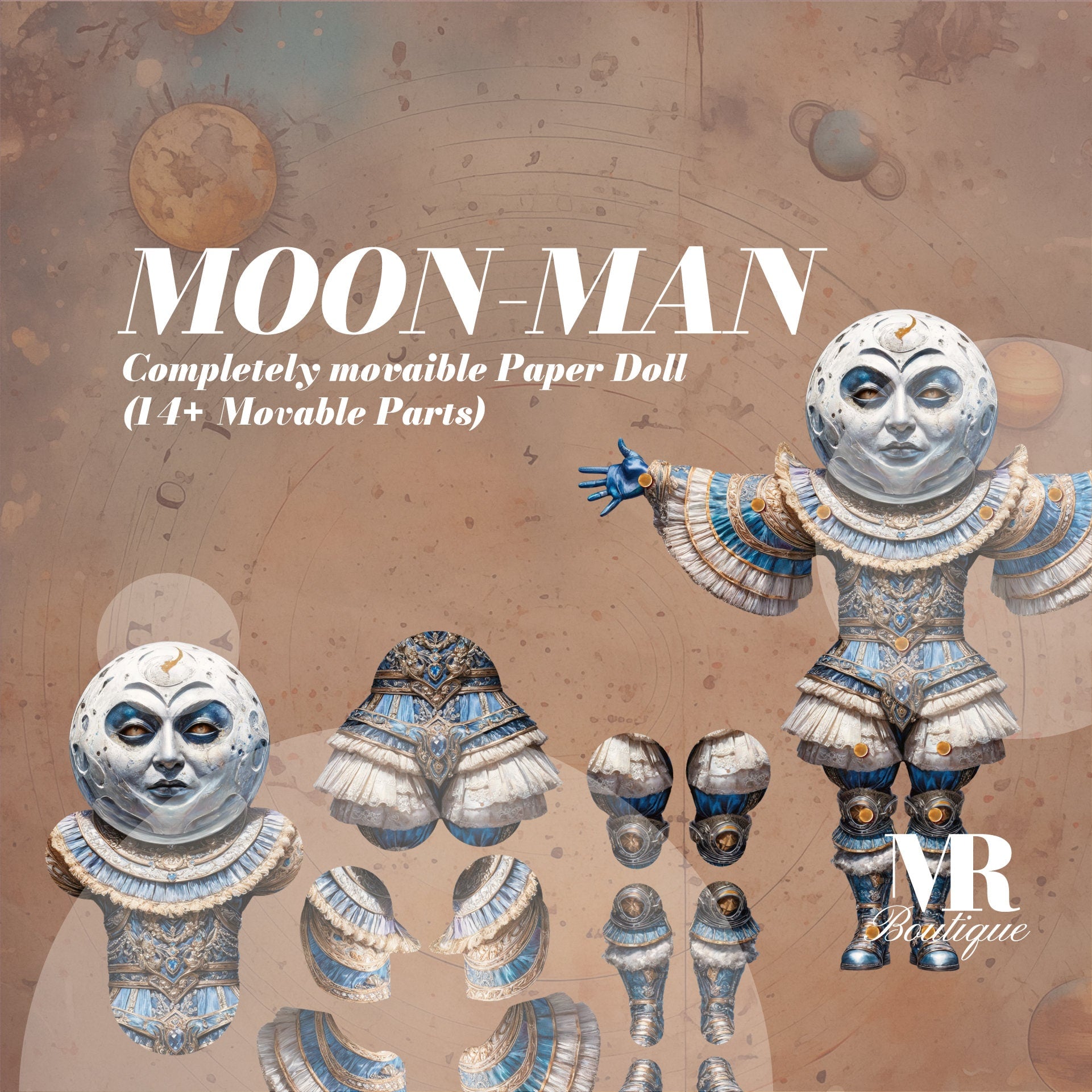 Moon-Man Articulated Paper Doll, DIY Celestial Steampunk Toy, Articulated Paper Doll Movable Vintage Paper Doll Party Retro Style