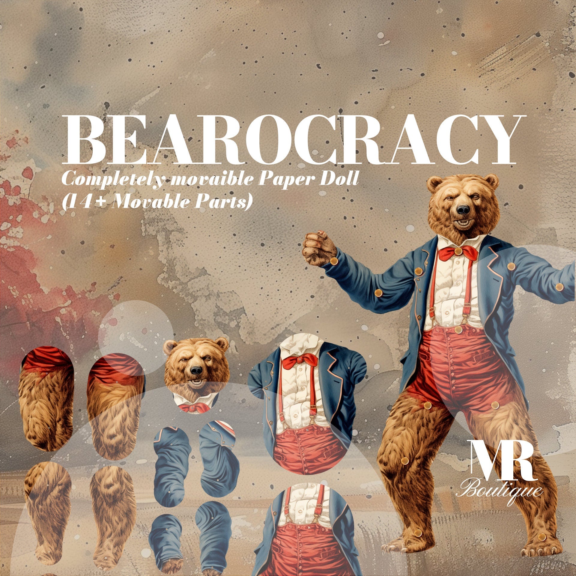 Bearocracy - Patriotic Bear Paper Doll, Movable Artisanal Kit, Poseable Articulated Paper Toy, Whimsical Festive Figure, Action DIY Craft