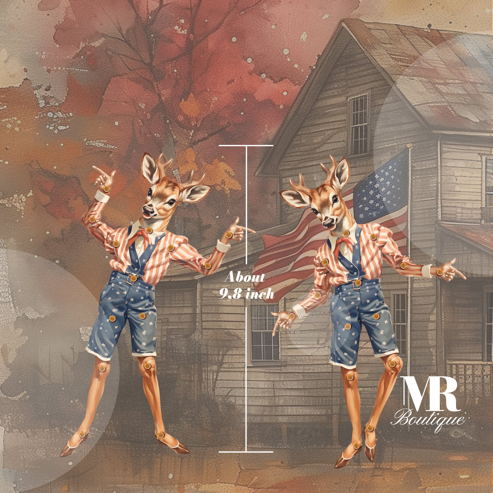 Patriotic Deer Paper Doll - Movable DEERBERTY Toy, Vintage Style, DIY Craft Kit, Articulated Joints, Americana Decor, Festive Figure