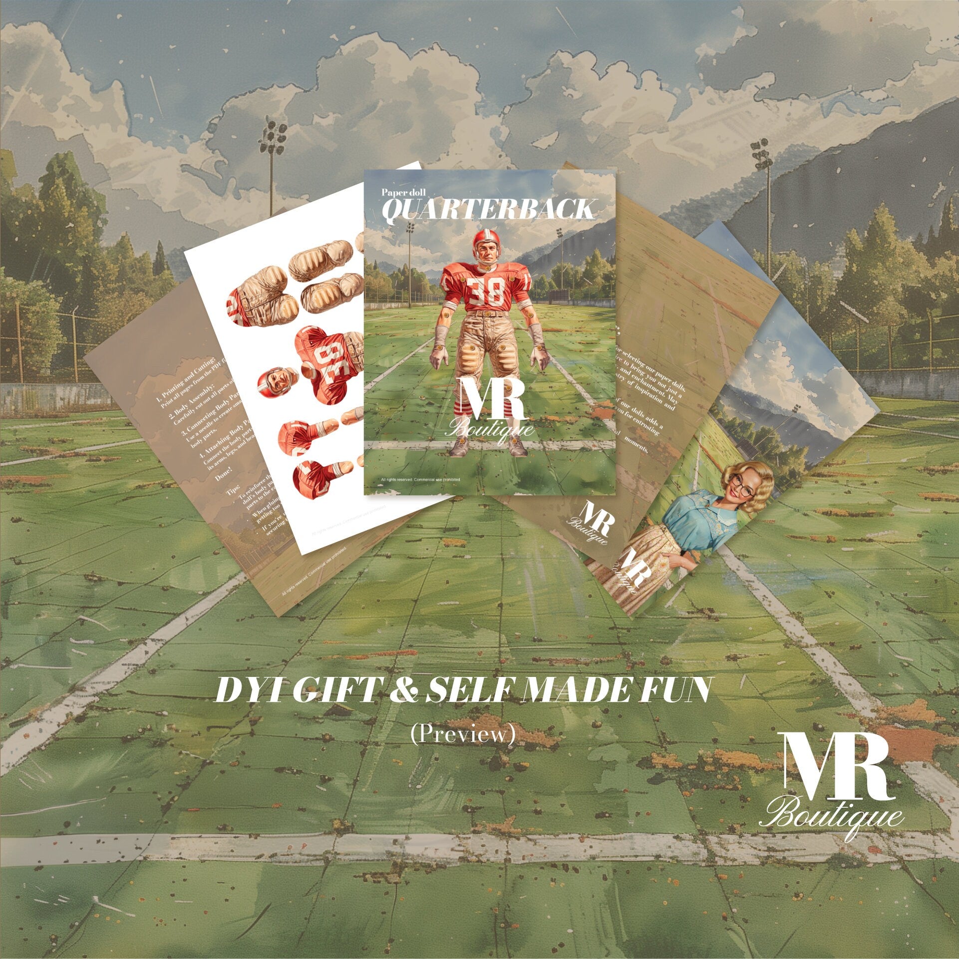 Quarterback Movable Paper Doll, DIY Printable American Football Kit, Articulated Paper Doll, Vintage Figure