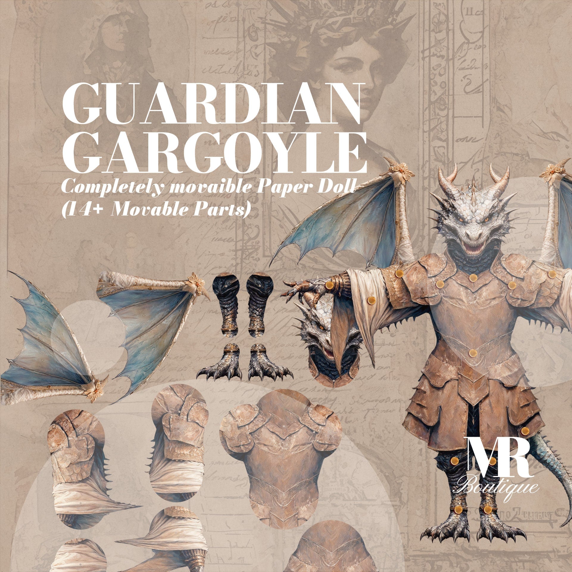 Guardian Gargoyle Movable Paper Doll, DIY Craft Kit, Fantasy Creature, Movable Toy, Interactive Paper Model, Articulated Figure