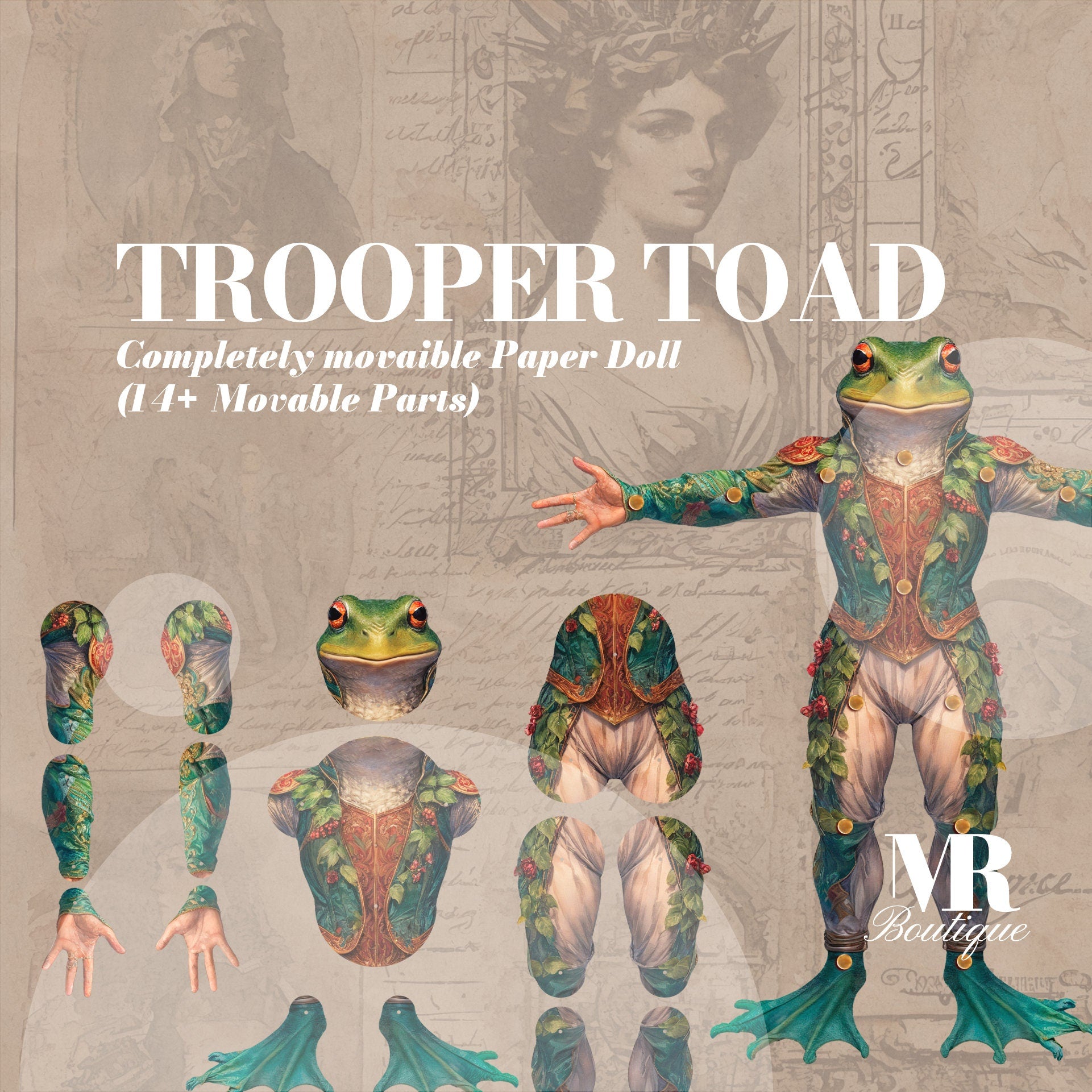 Trooper Toad Movable Paper Doll, DIY Amphibian Soldier Craft Kit Party Fun Articulated Paper Doll Movable Vintage Doll Carnival Craft Kit