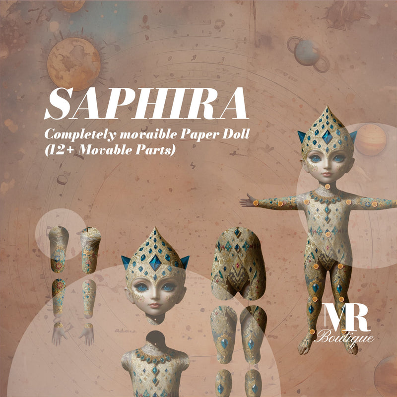 SAPHIRA Movable Paper Doll, DIY Print & Craft Kit, Articulated Fantasy Doll, Vintage-style Movable Toy, Fun Creative Project, Festive Figure