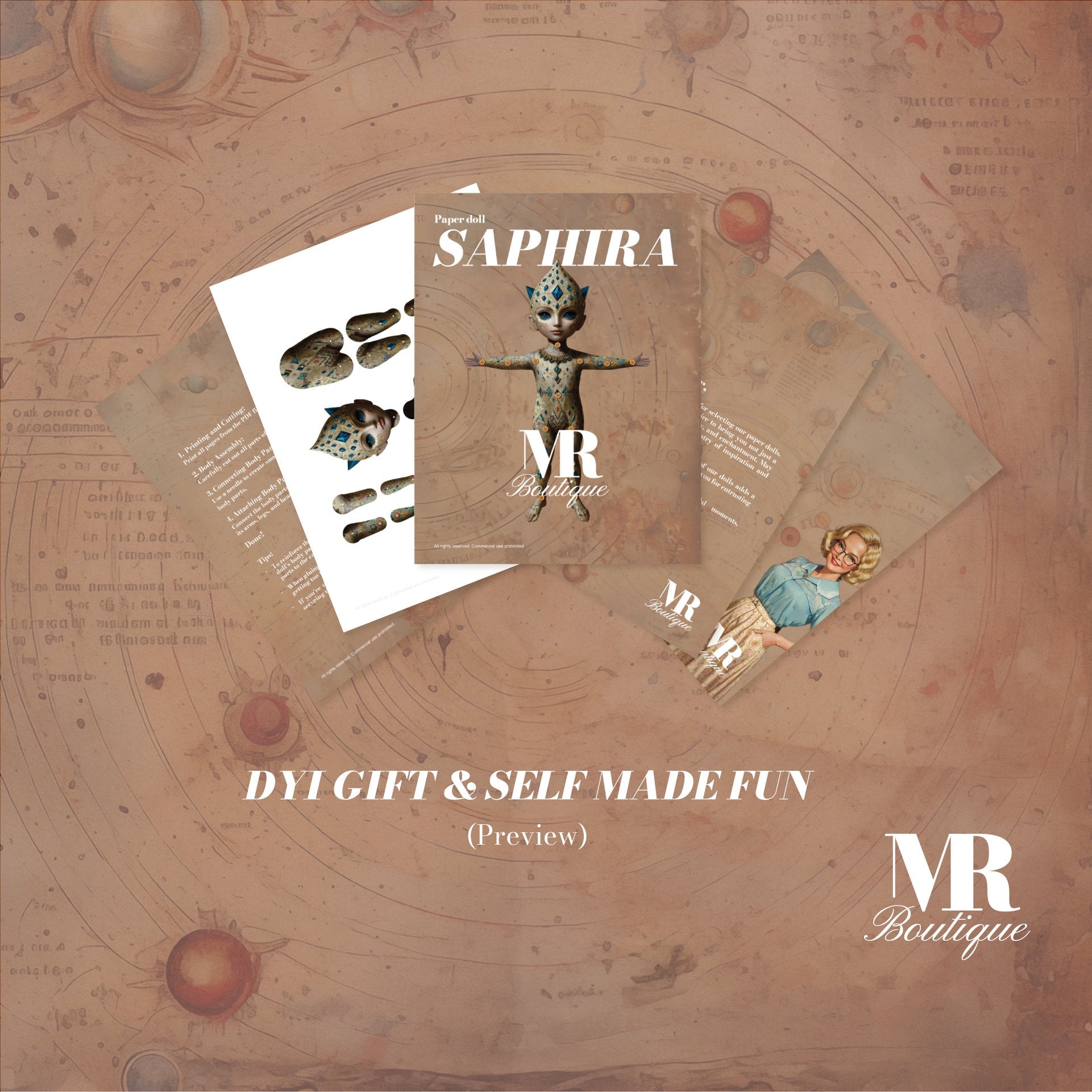 SAPHIRA Movable Paper Doll, DIY Print & Craft Kit, Articulated Fantasy Doll, Vintage-style Movable Toy, Fun Creative Project, Festive Figure