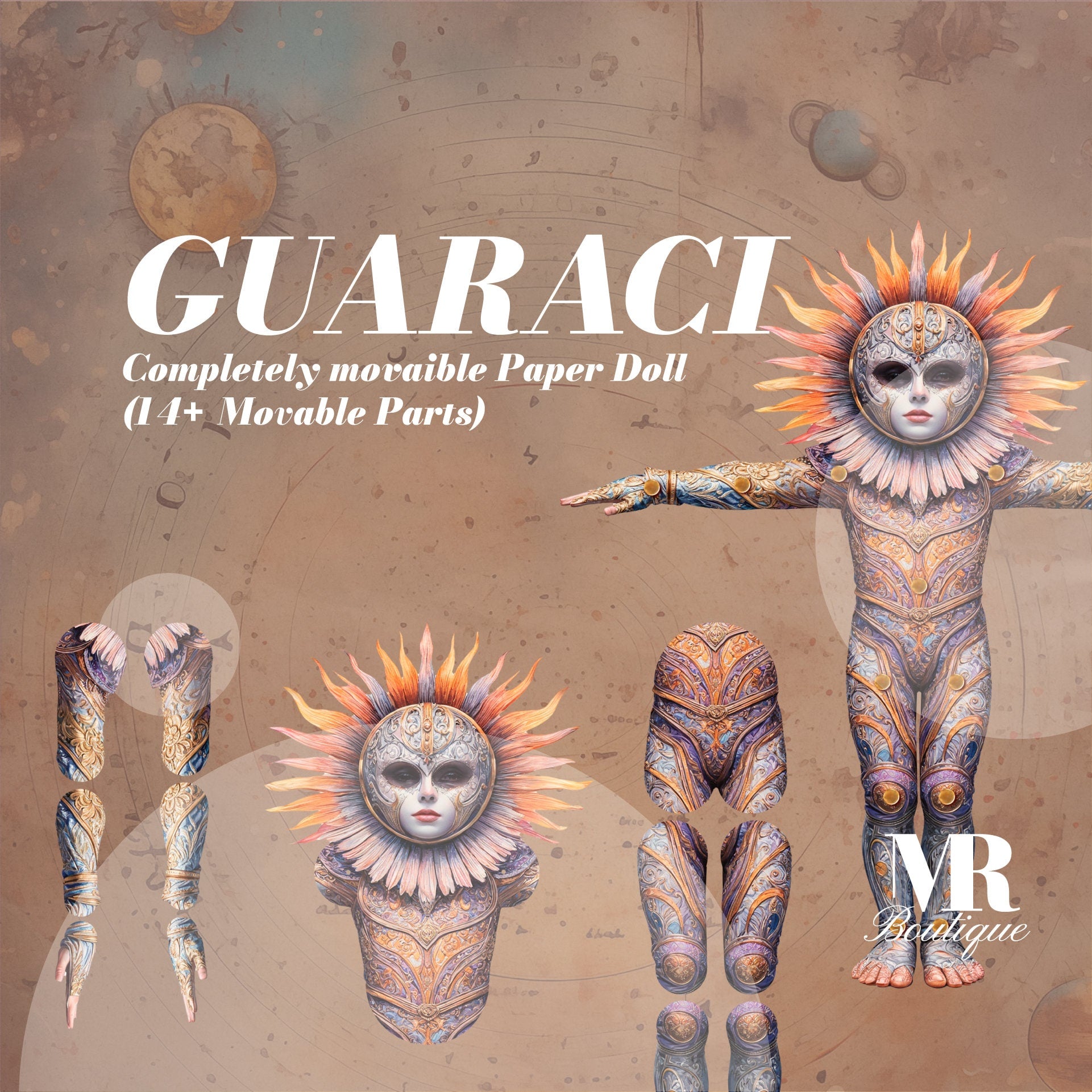 Guaraci Movable Paper Doll, DIY Sun-Themed Articulated Kit Celestial Steampunk Toy, Articulated Paper Doll Vintage Figure Party Retro Style