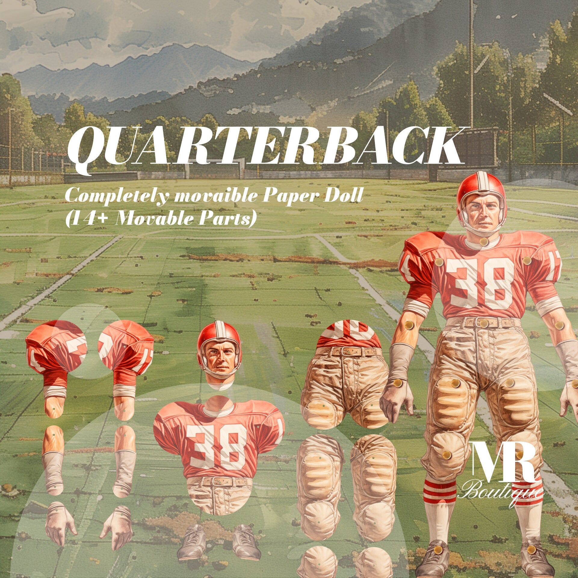 Quarterback Movable Paper Doll, DIY Printable American Football Kit, Articulated Paper Doll, Vintage Figure