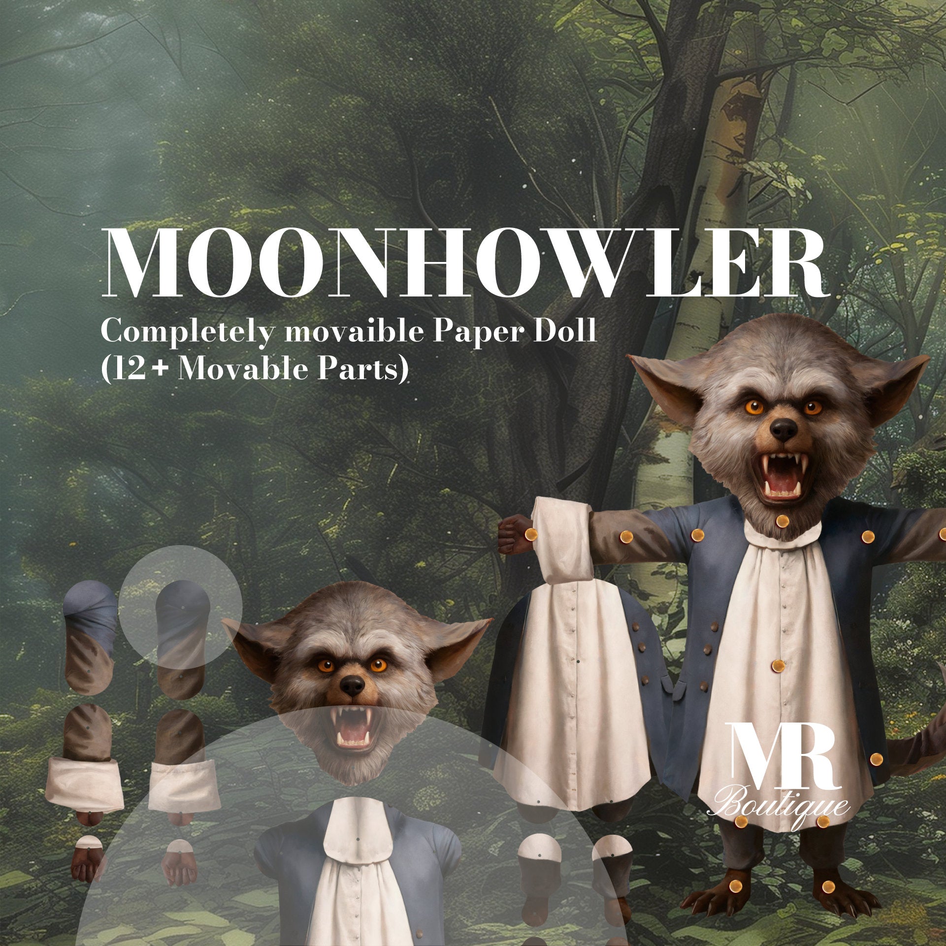 Moonhowler Movable Paper Doll - Werewolf Figure, Handmade Collectible, DIY Project, Unique Gift, Fun Crafting Kit