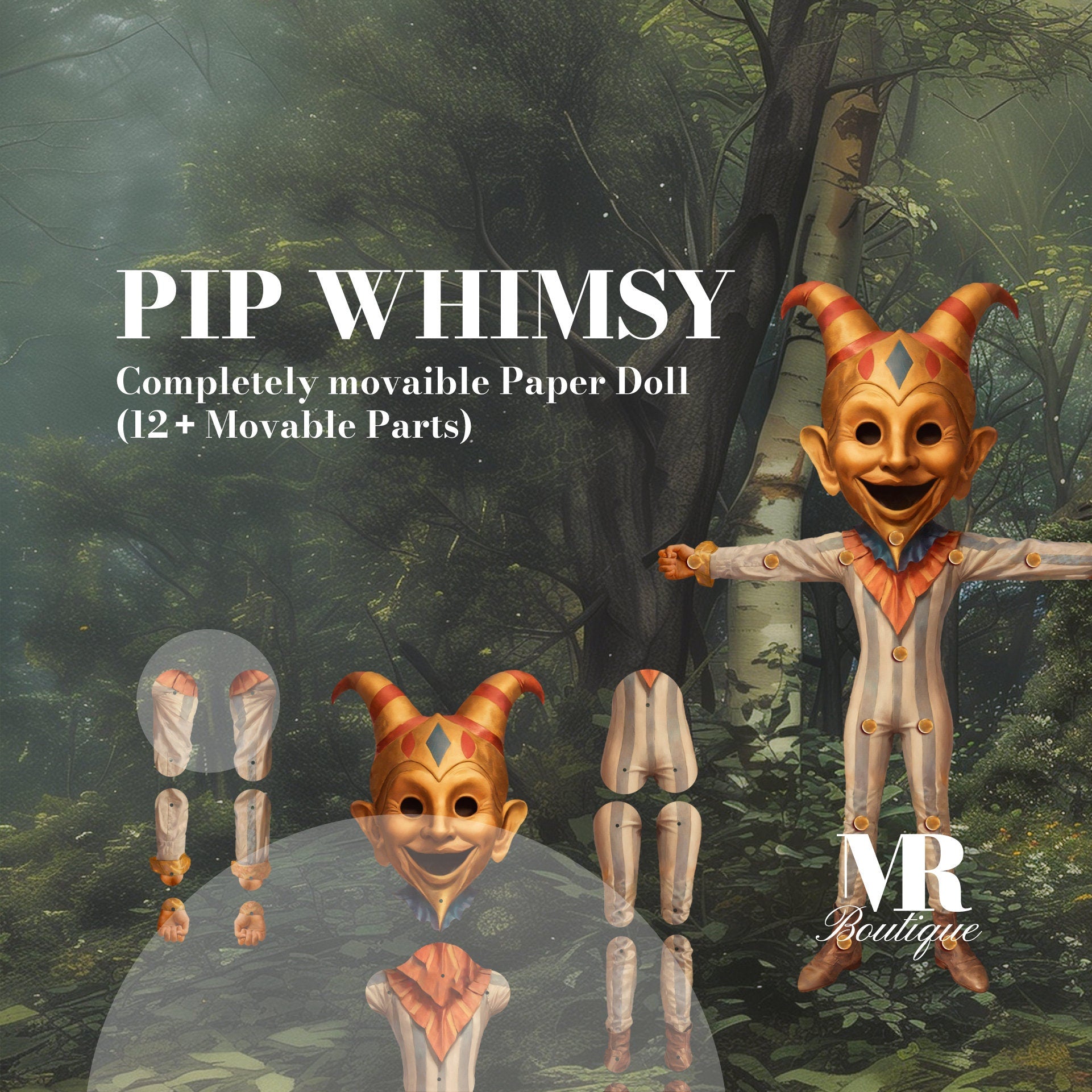 Pip Whimsy Movable Paper Doll - Jester Figure, Handmade Collectible, DIY Project, Unique Gift, Fun Crafting Kit