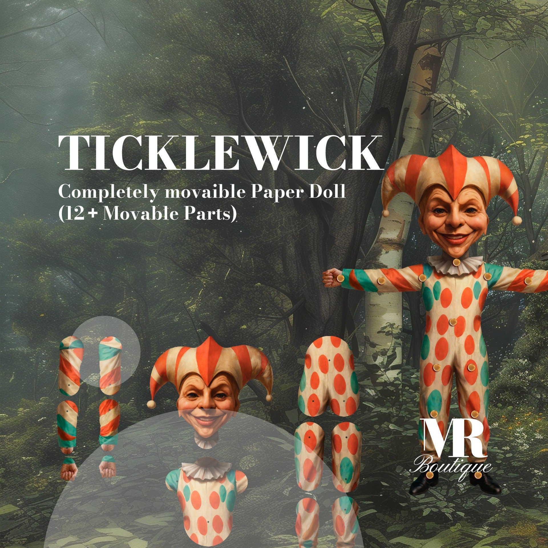 Ticklewick Movable Paper Doll - Jester Figure, Handmade Collectible, DIY Project, Unique Gift, Fun Crafting Kit