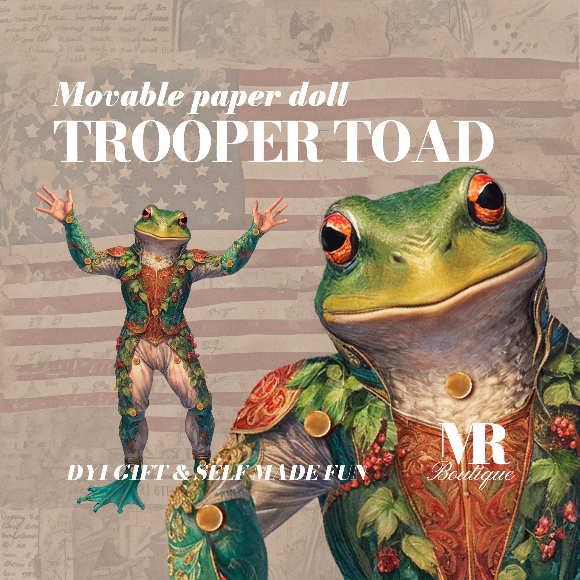 Trooper Toad Movable Paper Doll, DIY Amphibian Soldier Craft Kit Party Fun Articulated Paper Doll Movable Vintage Doll Carnival Craft Kit