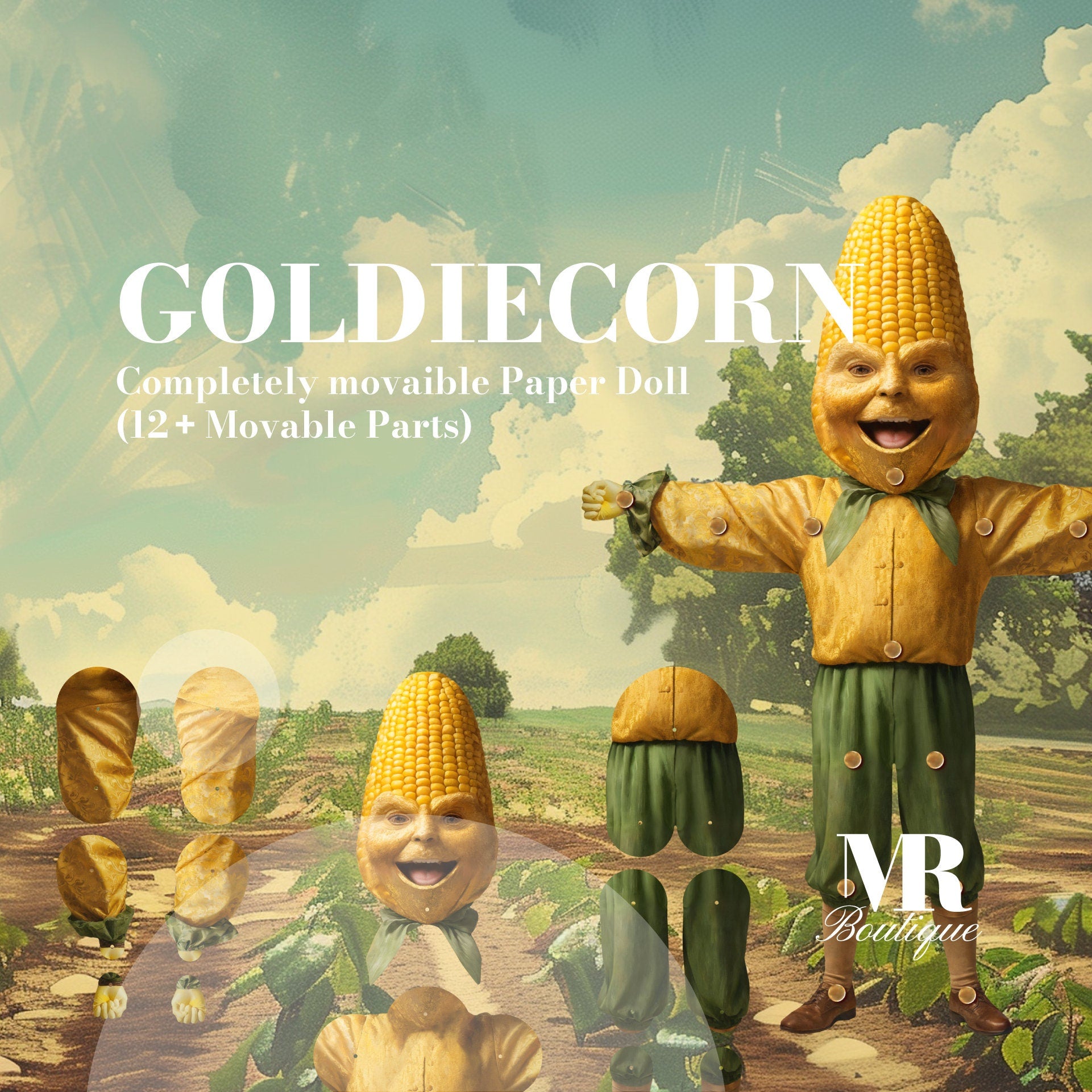 Goldiecorn Movable Paper Doll - Corn Figure, Handmade Collectible, DIY Project, Unique Gift, Fun Home Decoration